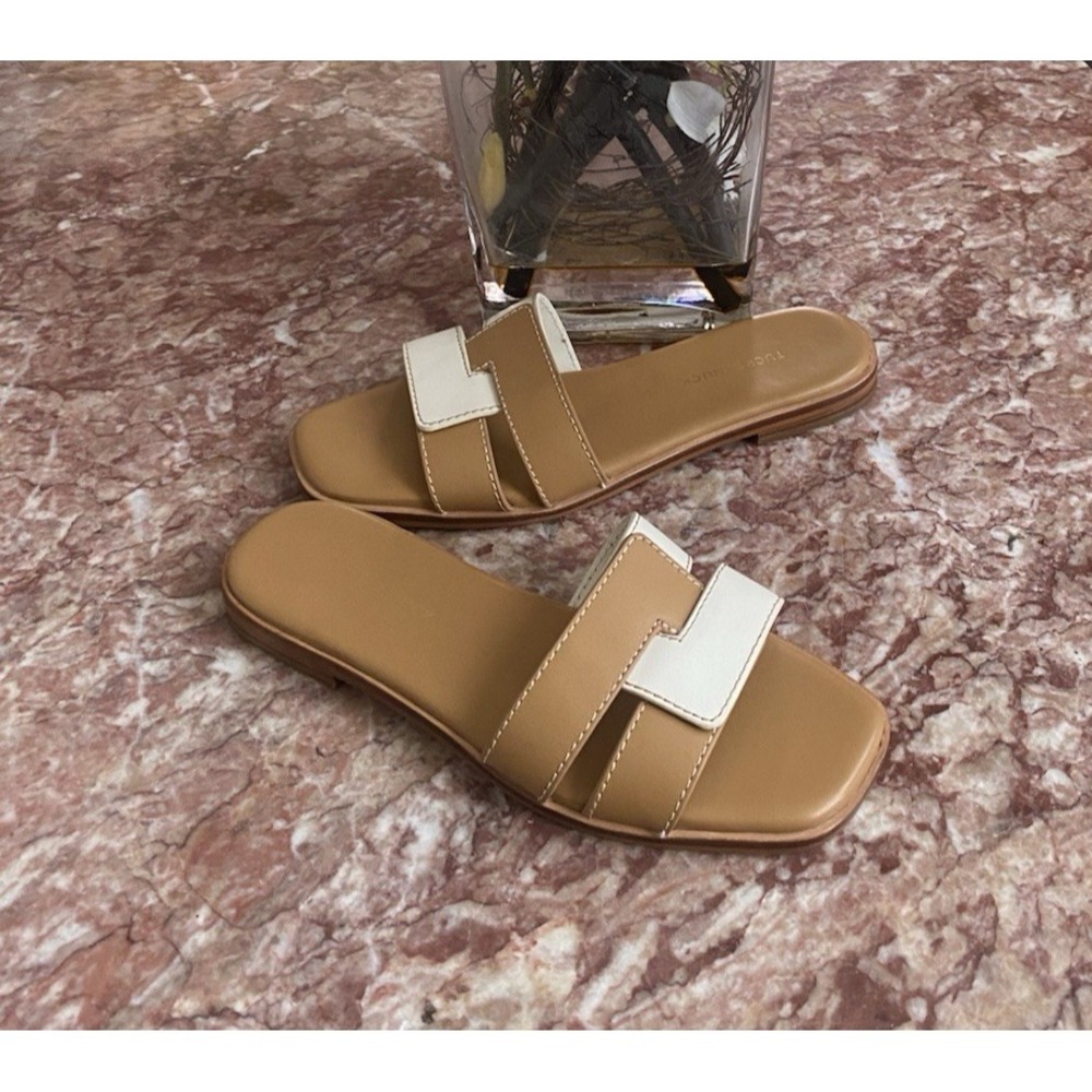 New Tuckernuck Muse Cognac White Leather Slide Flat Sandals Size 6.5, $165 - Picture 3 of 8